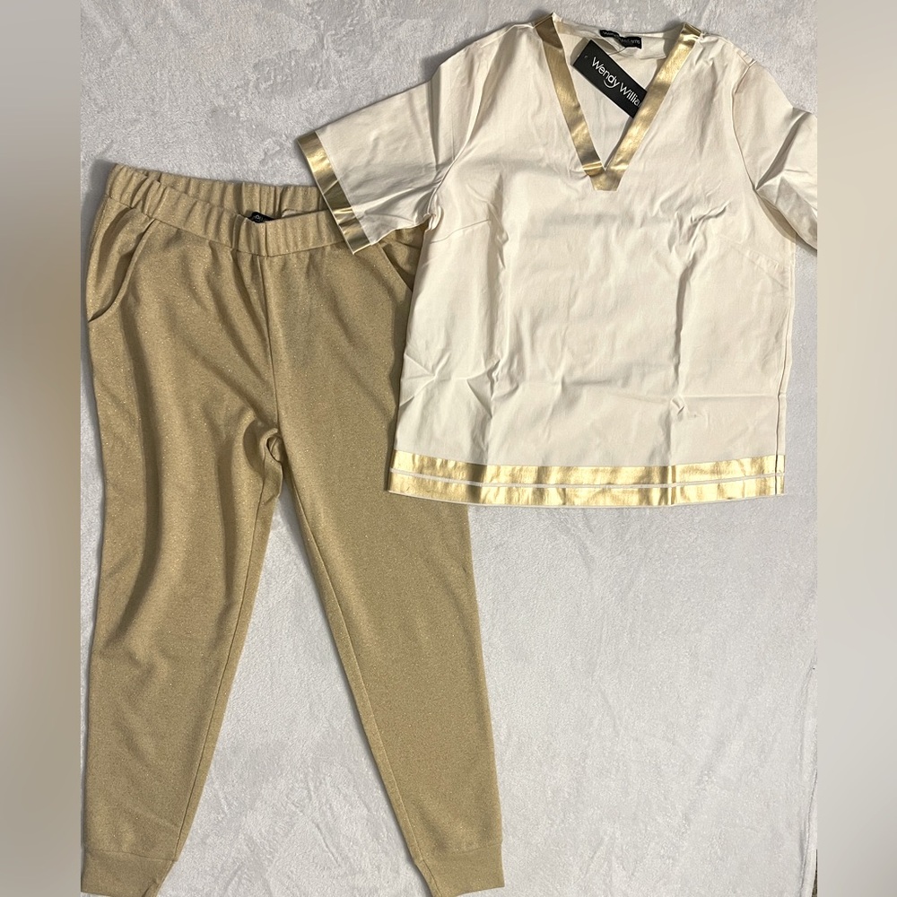 Wendy Williams Gold Short Sleeve Tunic Top & Matching Pant Set Size Meduim